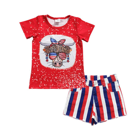 July 4th Baby Girl Short Sleeves Western Cow Shirt Striped Denim Shorts Outfit