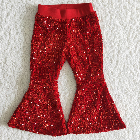 B4-11 Baby Girl Red Glitter Sequins With Lining Bell Pants
