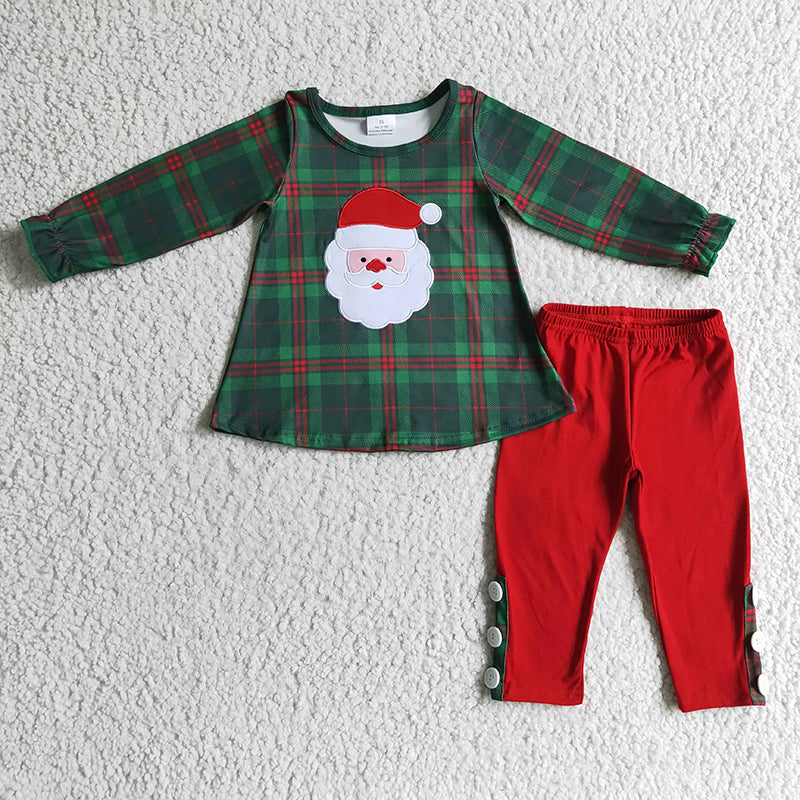 GLP0308  Baby Girl Green Red Plaid Santa Embroidery Cotton Leggings Christmas Outfit