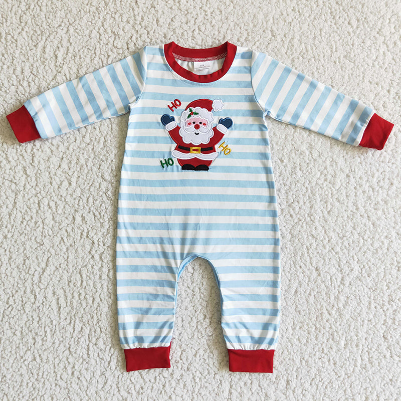 LR0121 Baby Boy Embroidery Christmas Santa Striped Romper