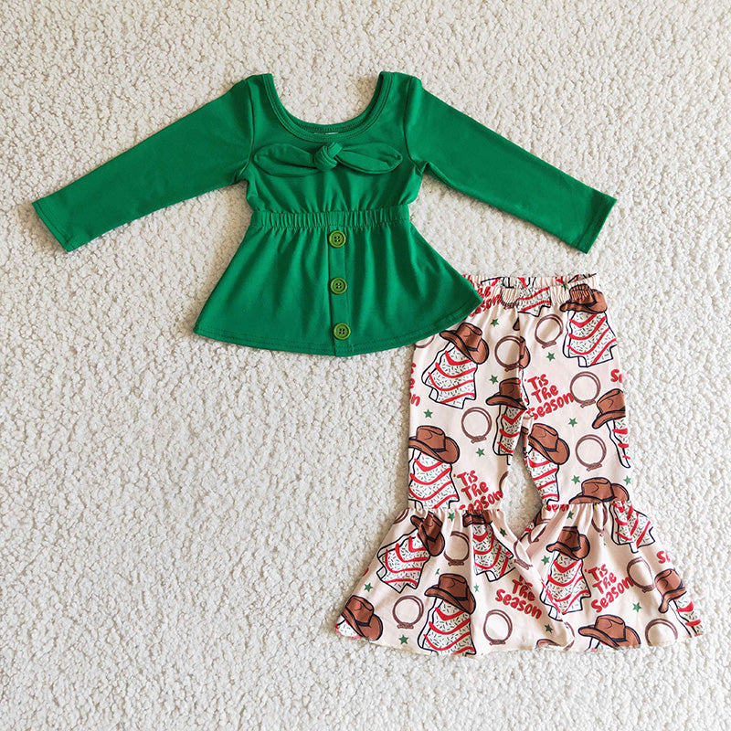 GLP0289 Baby Girl Kids Christmas Green Cotton Top Cake Pants Outfit