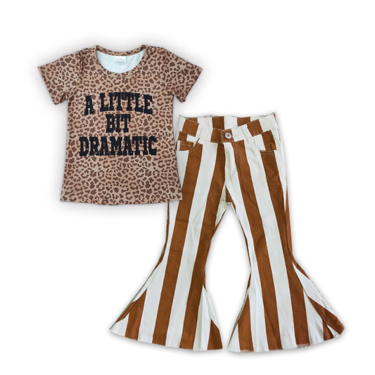 Baby Girl Kids Short Sleeves a little bit dramatic Leopard Shirt Striped Brown Denim Jeans Pants Outfit