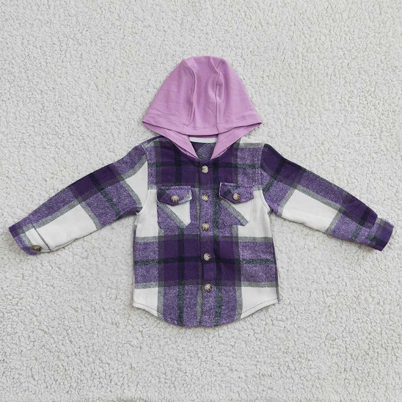 GT0150 Baby Girl Purple Plaid Shirt Pocket Flannel Button Up Hoodie