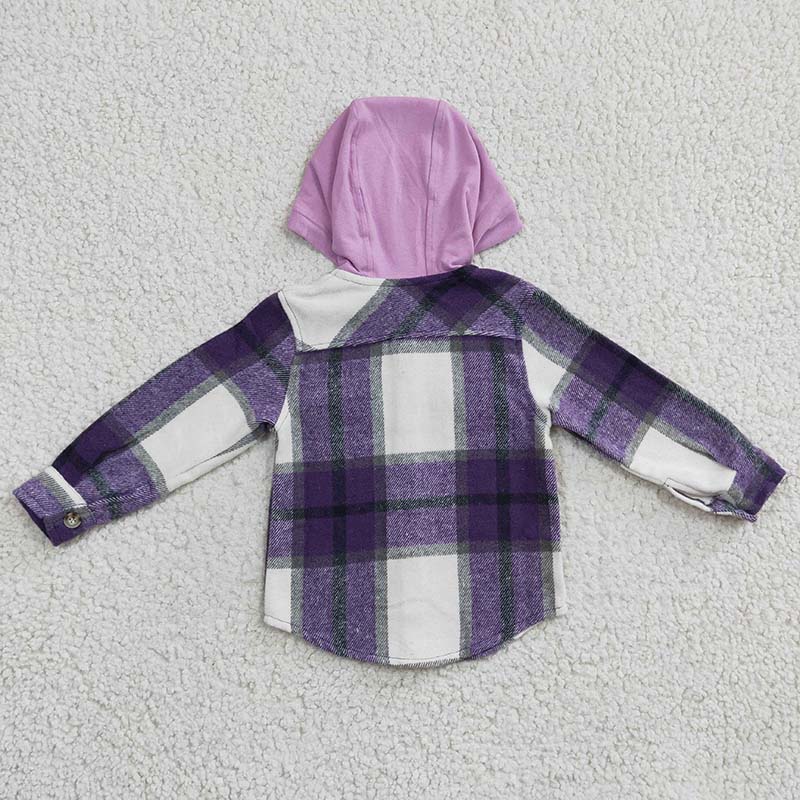 GT0150 Baby Girl Purple Plaid Shirt Pocket Flannel Button Up Hoodie