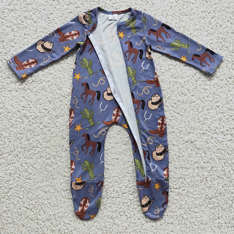 LR0230 Baby Boy Newborn Western Horse Zipper Romper Footed Coverall