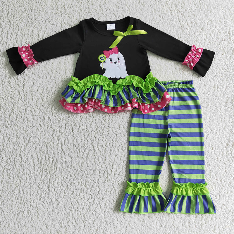 GLP0182 Baby Girl Halloween Embroidery Ghost Striped Pants Outfit