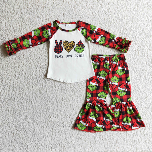 6 A10-15 Christmas Baby Girl Kids Peace Love Green Face Outfit