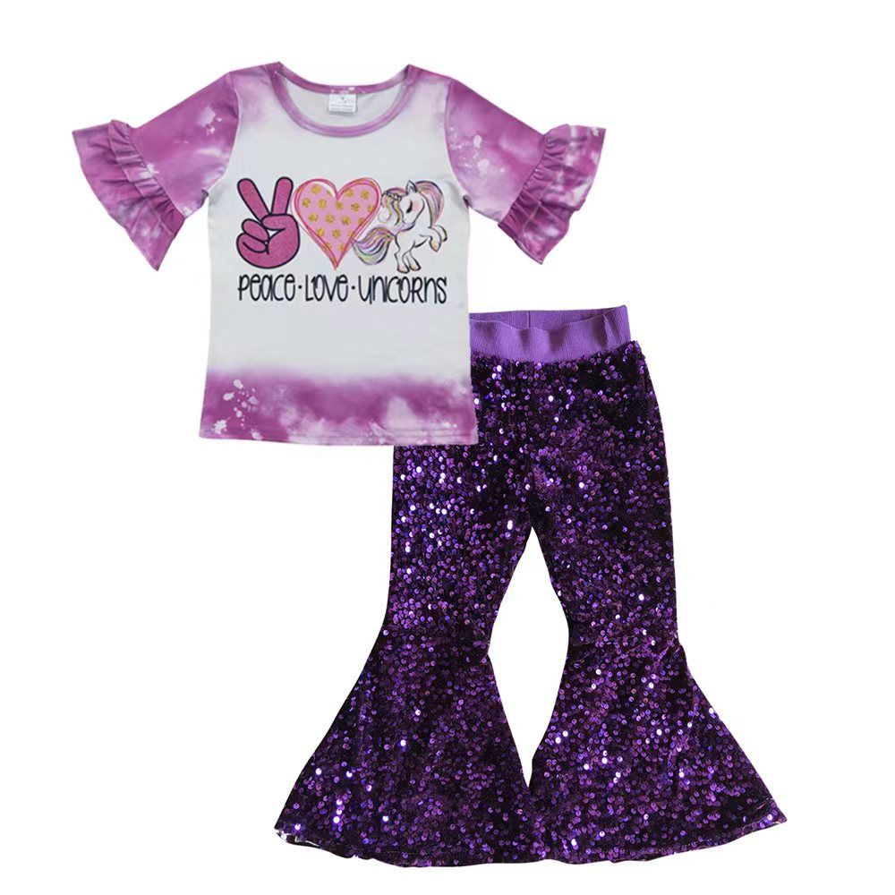 Baby Girl Kids Unicorn Ruffle Short Sleeves Shirt Purple Sequins Pants Outfit