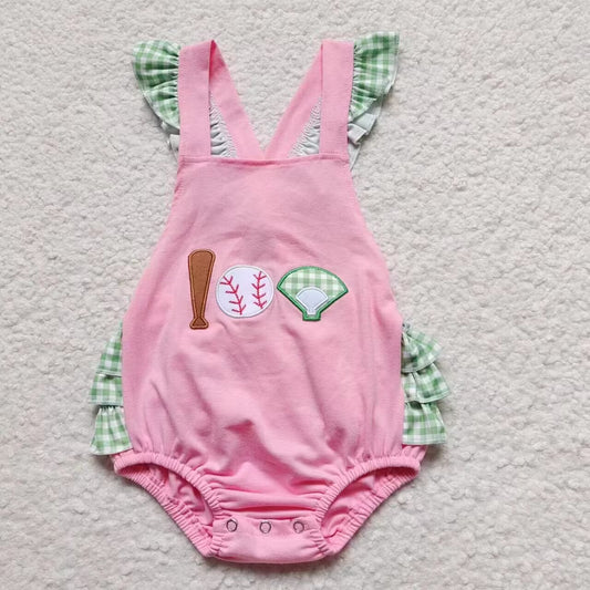 SR0271 Baby Girl Embroidery Baseball Summer Pink Romper