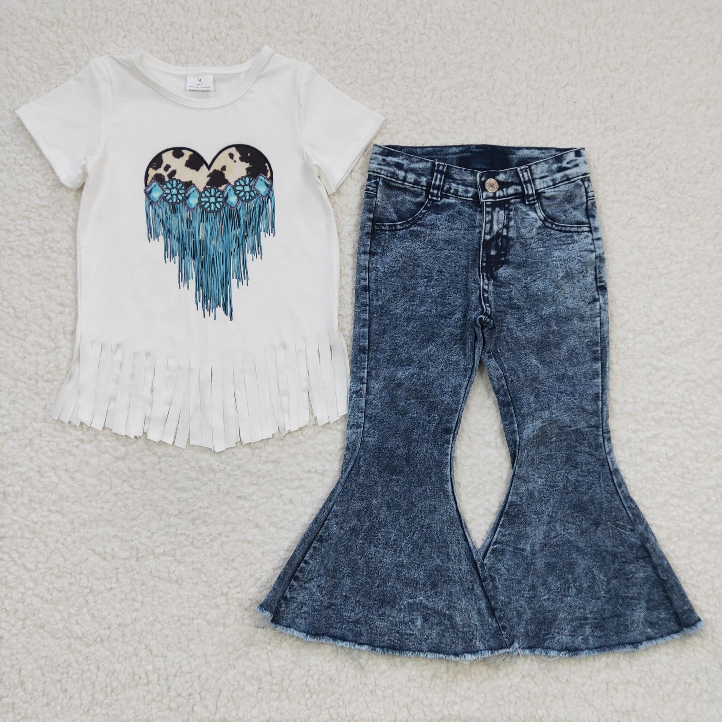 Baby Girl Western Short Sleeves Tassel Shirt Denim Pants Outfit