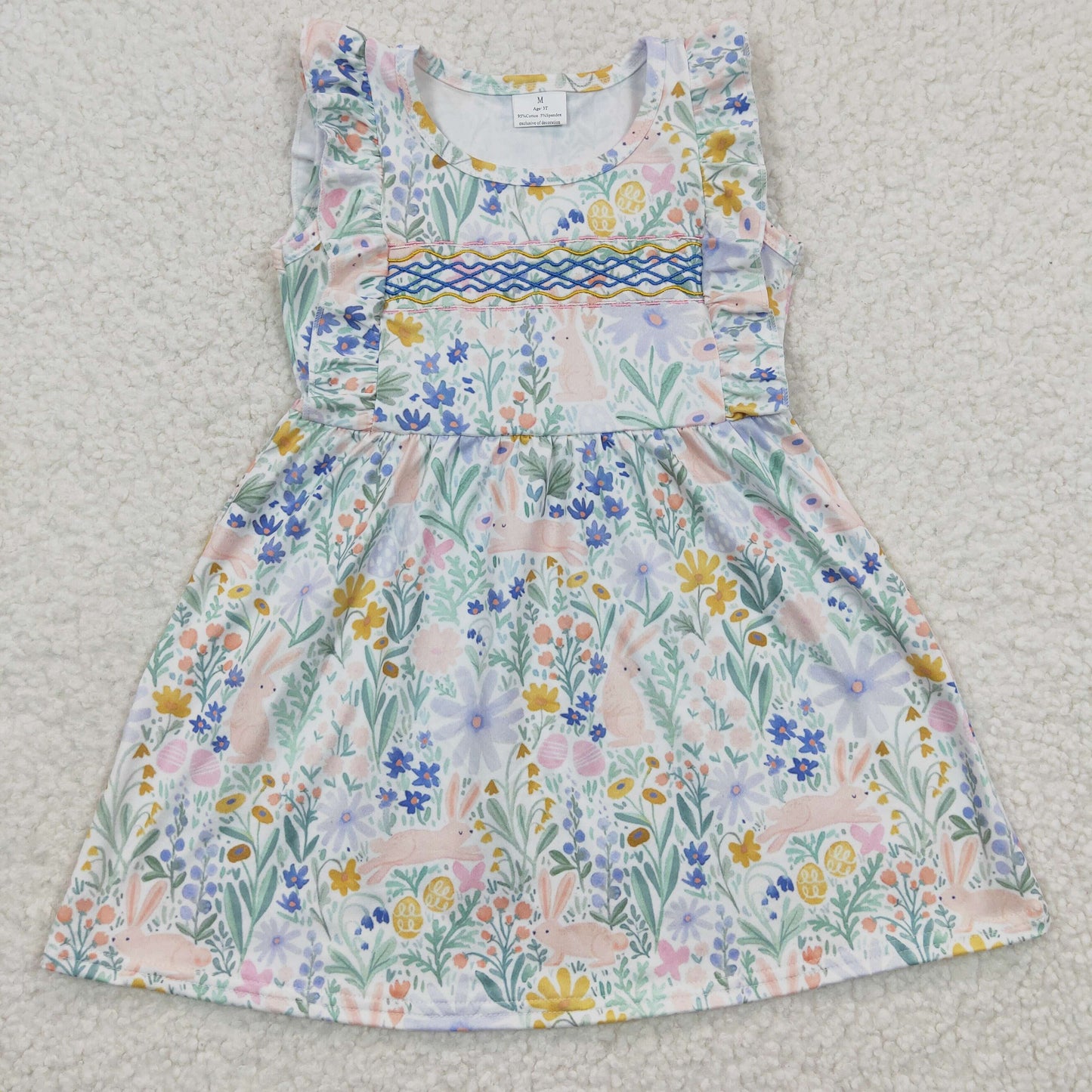 GSD0272 Baby Girl Easter Short Sleeves Rabbit Floral Dress