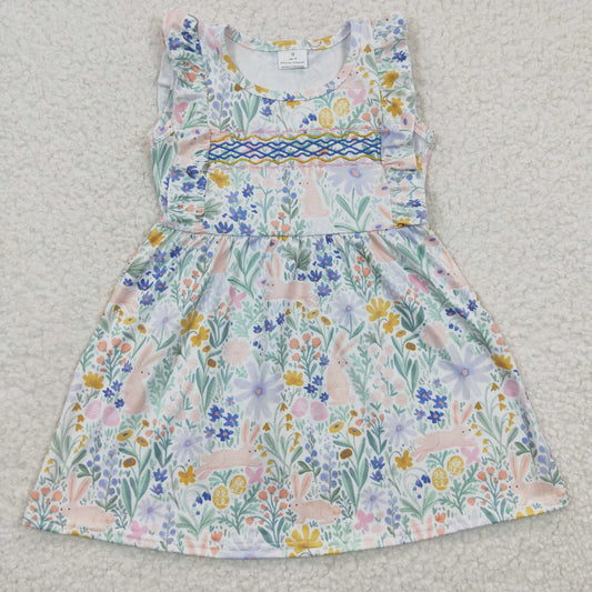 GSD0272 Baby Girl Easter Short Sleeves Rabbit Floral Dress