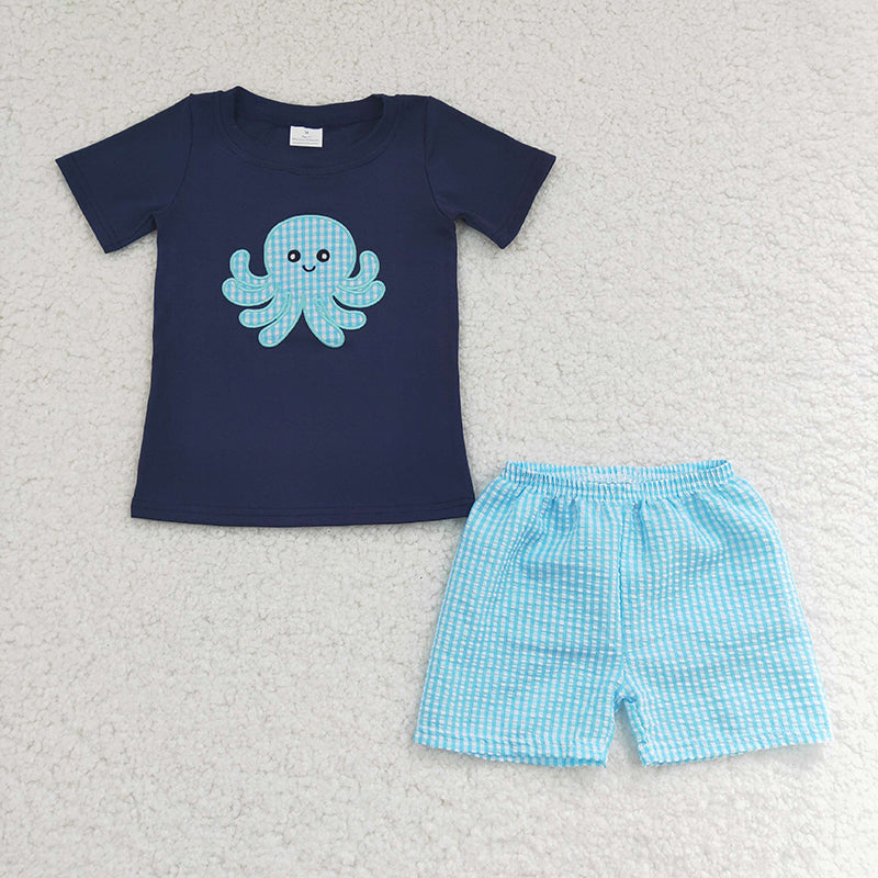 BSSO0088 Baby Boy Summer Embroidery Octopus Shorts Outfit