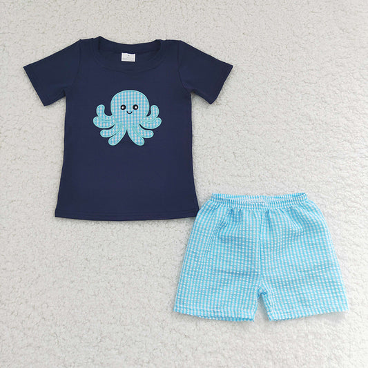 BSSO0088 Baby Boy Summer Embroidery Octopus Shorts Outfit