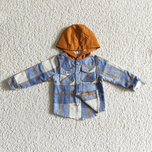 BT0074 Baby Boy plaid cotton shirt pocket flannel button up hoodie