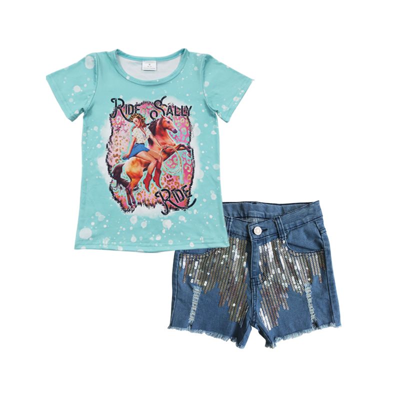 Baby Girl Short Sleeves Western Rodeo Shirt Sequins Denim Shorts Outfit