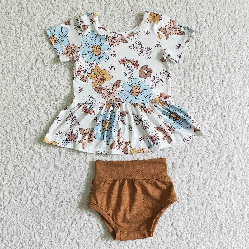 GBO0032 Baby Girl Flower Brown Bummies Outfit
