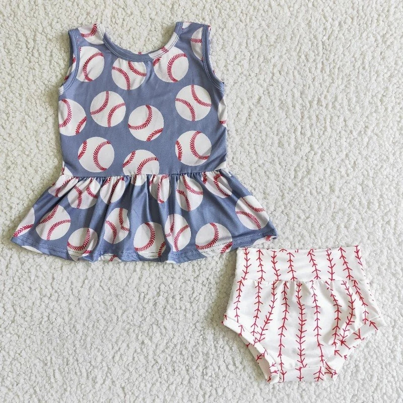 GBO0005 Baby Girl Summer Bummies Baseball Ballgame Outfit