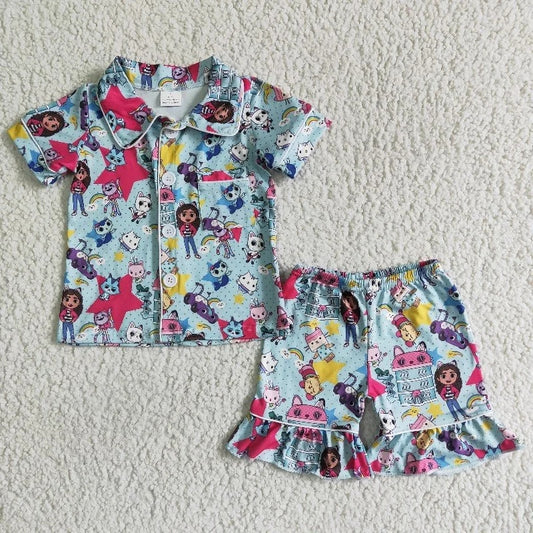 GSSO0014 Baby Girl Summer Cat Pajamas Shorts Outfit