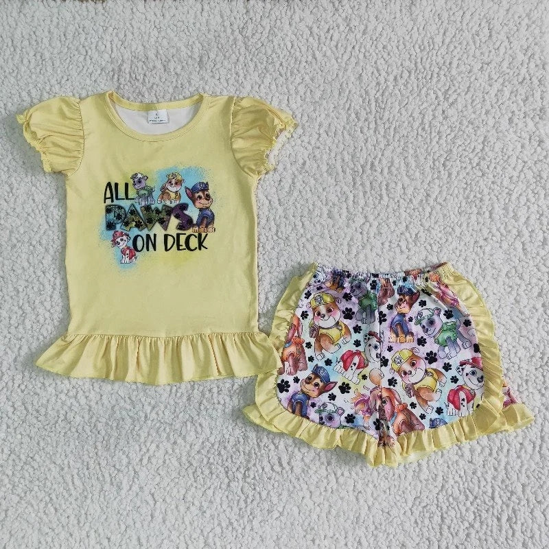 Baby Girl Summer All Dog on Deck Yellow Shorts Outfit