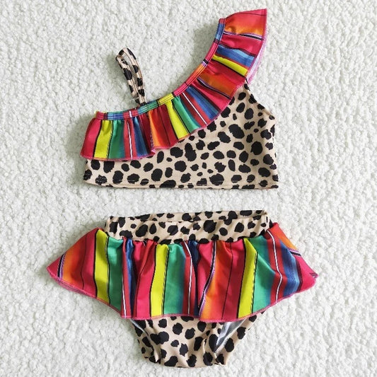 S0001 Summer Leopard Stripe One Shoulder Swim Suit