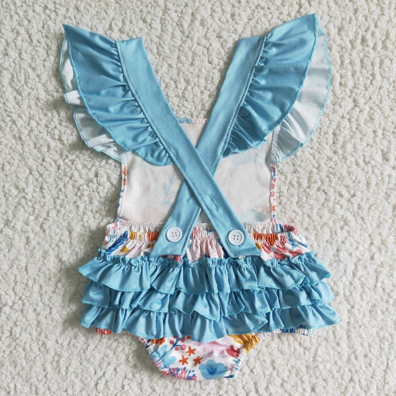 SR0037 Baby Girl Blue Flower Ruffle Romper