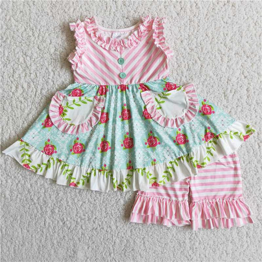 C2-2 Baby Girl Summer Flower Pocket Stripe Shorts Outfit