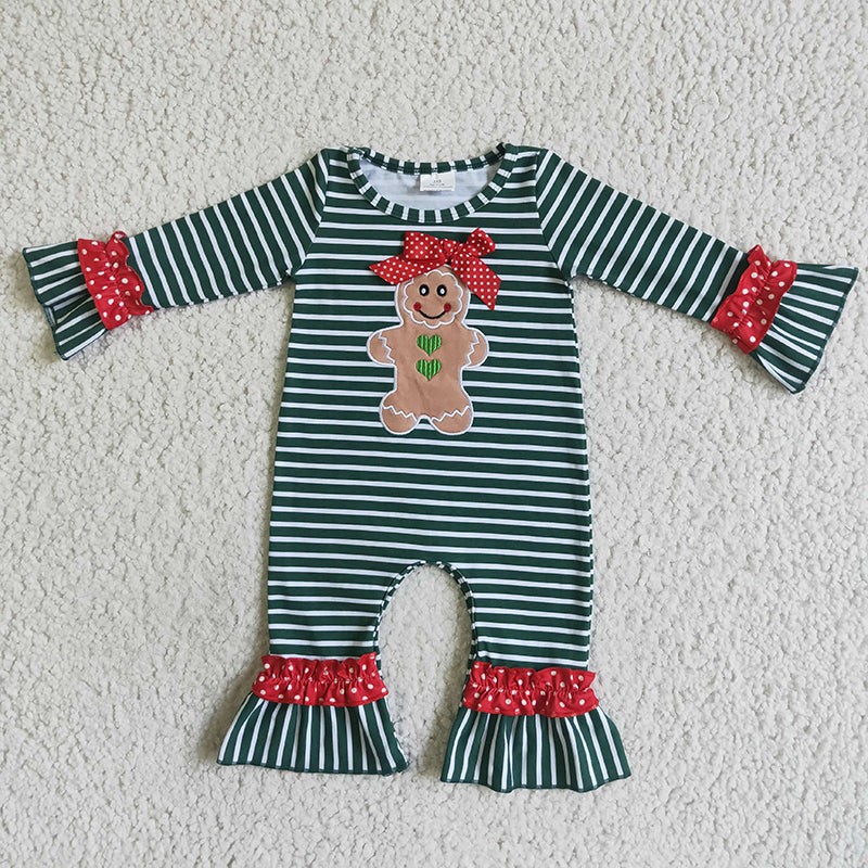6 A27-2 Christmas Gingerbread Baby Boy Embroidery Striped Romper
