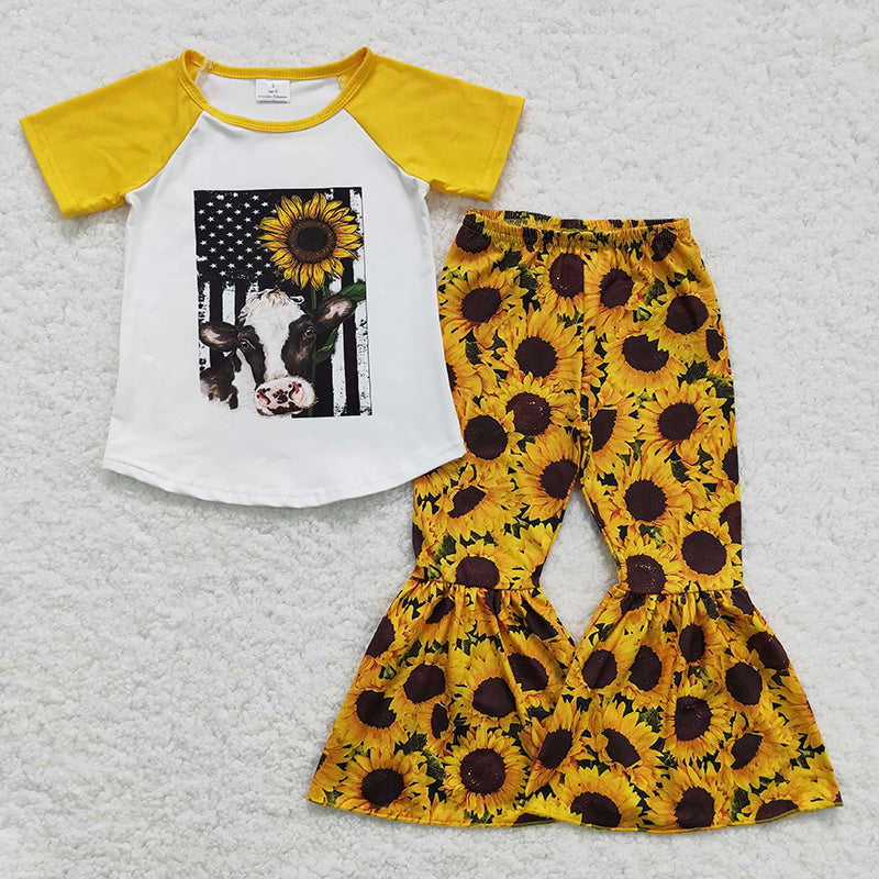 GSPO0219 Baby Girl Kids Sunflower Cow Bell Pants Outfit