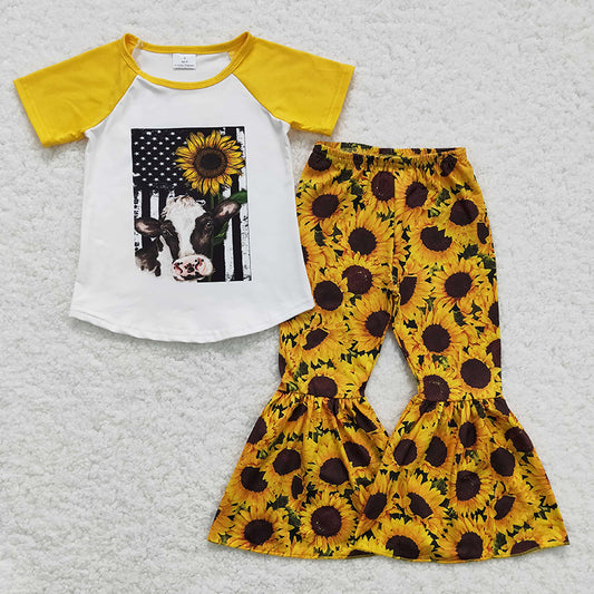 GSPO0219 Baby Girl Kids Sunflower Cow Bell Pants Outfit