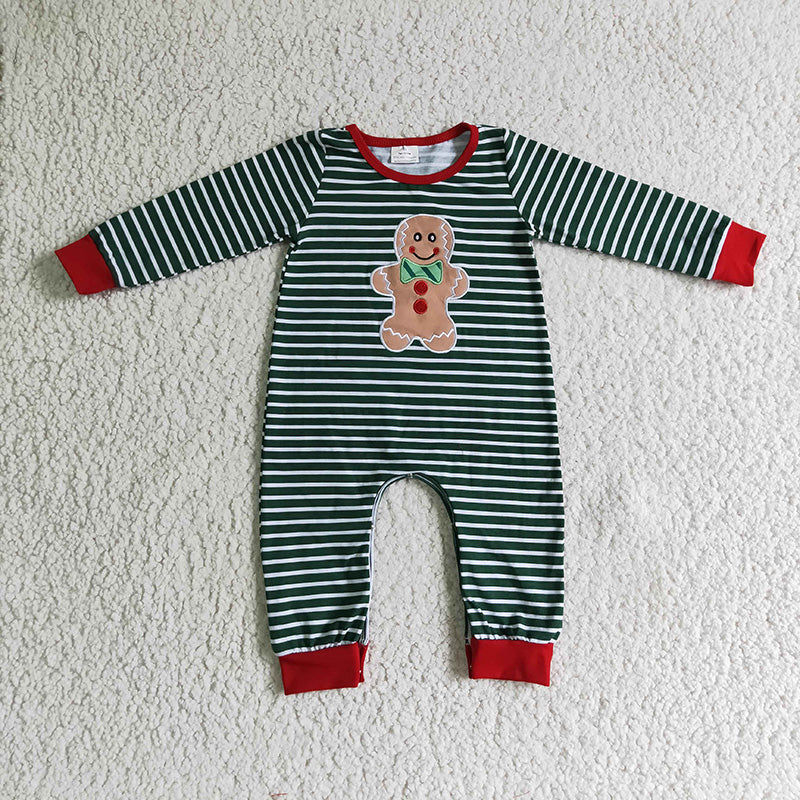 6 A27-2 Christmas Gingerbread Baby Boy Embroidery Striped Romper