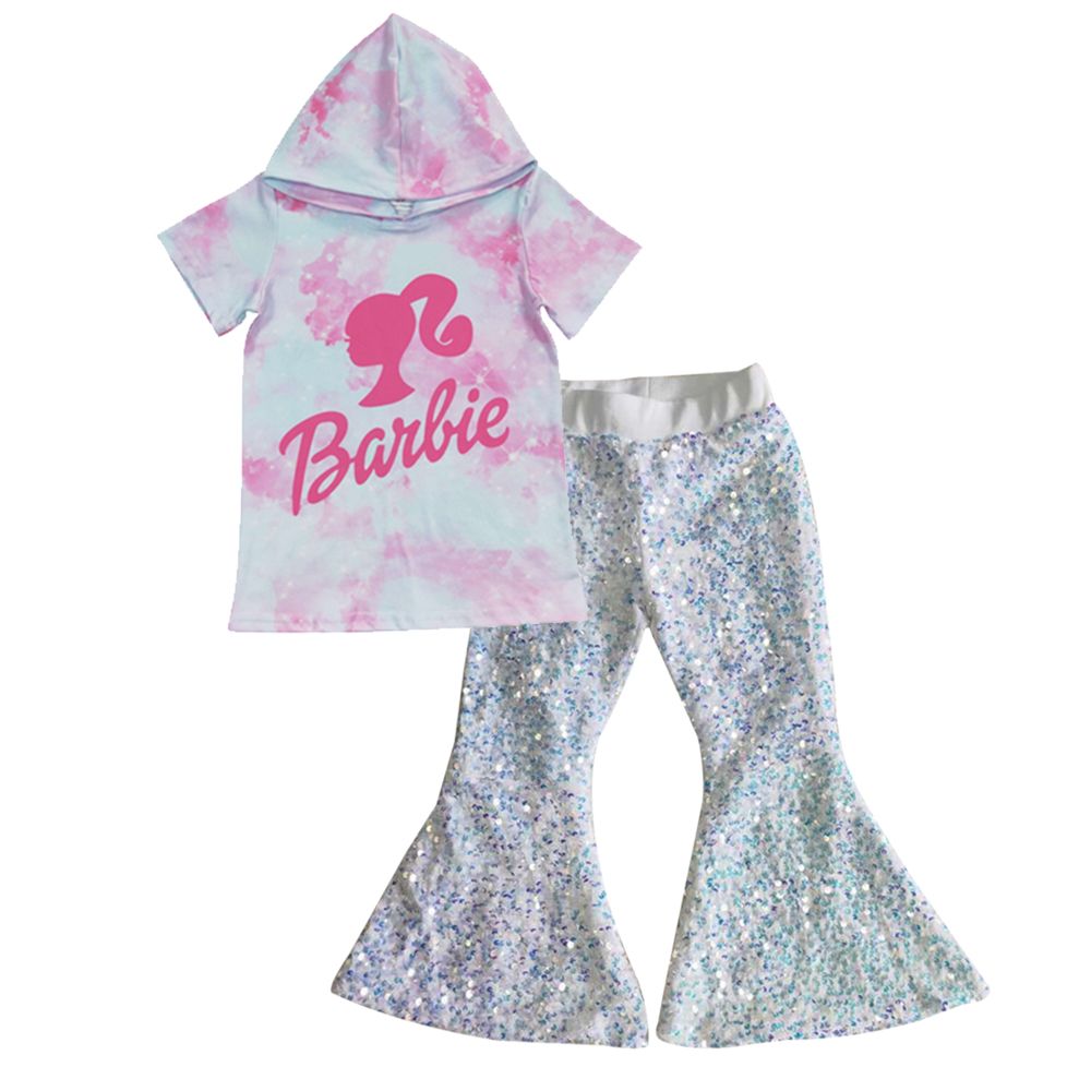 Baby Girl Kids Short Sleeves Hoodie Shirt Sequins Pants Birthday Outfit