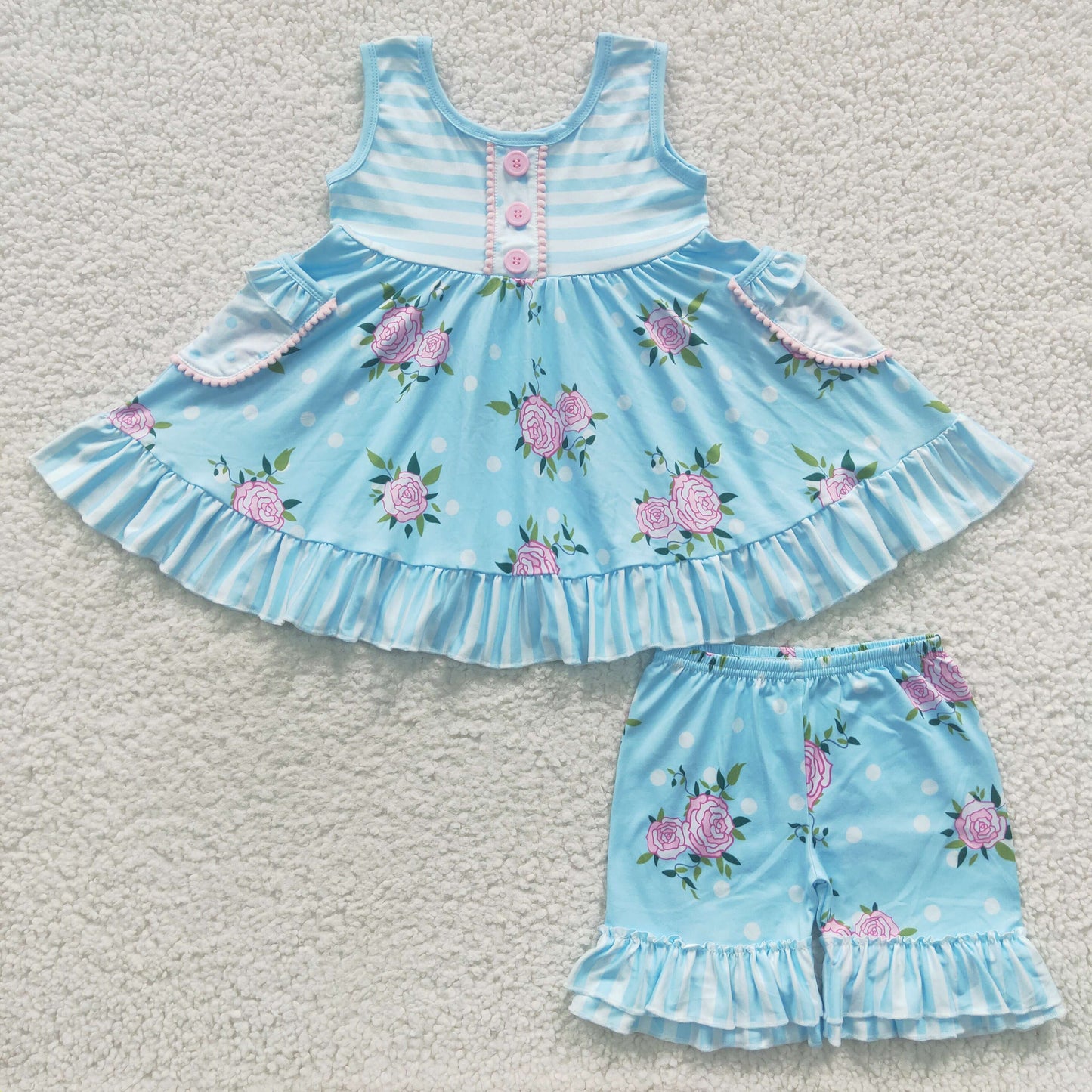 A17-2 Baby Girl Summer Blue Floral Sleeveless Pocket Tunic Striped Blue Shorts Flower Outfit