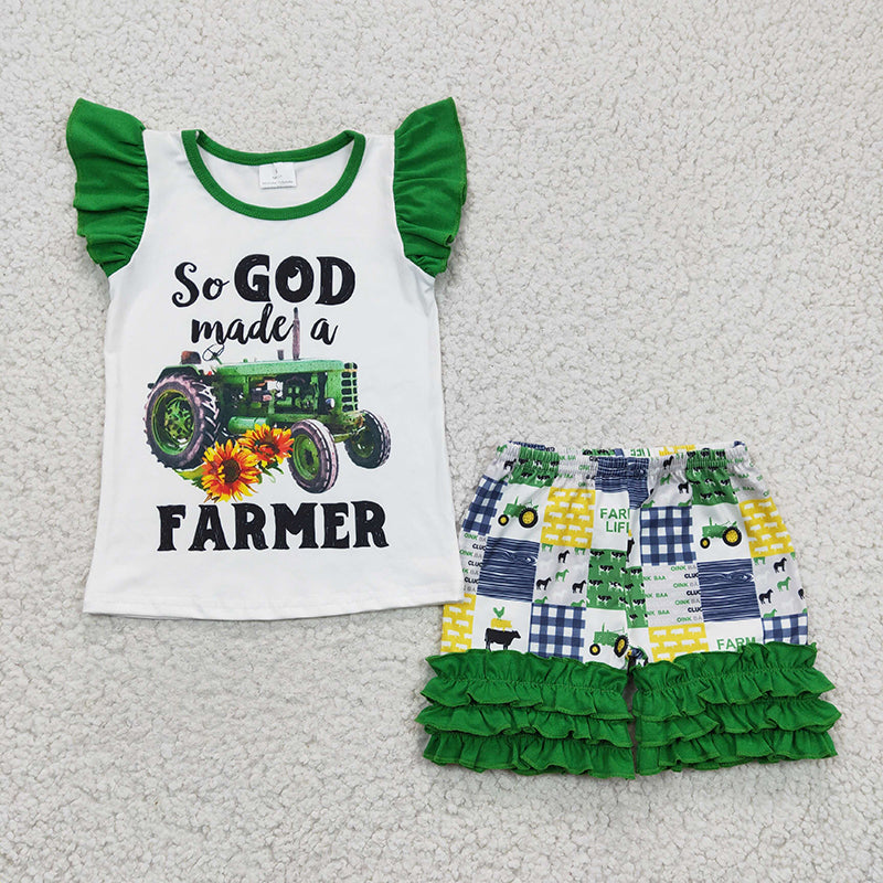 A14-3 Baby Girl Summer Tractor Farmer Short Sleeves Shorts Outfit