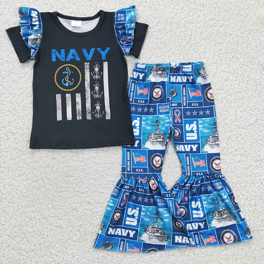 A1-17 Baby Girl Flag Shirt Bell Pants Navy Outfit
