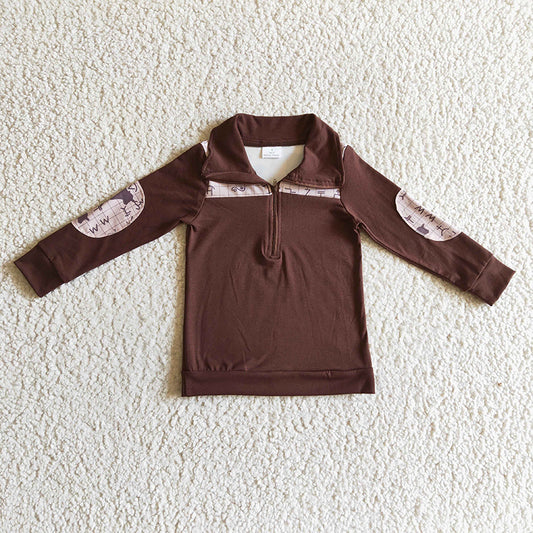 BT0107 Kids Baby Boy Western Cow Print Brown Cotton Zipper Pullover