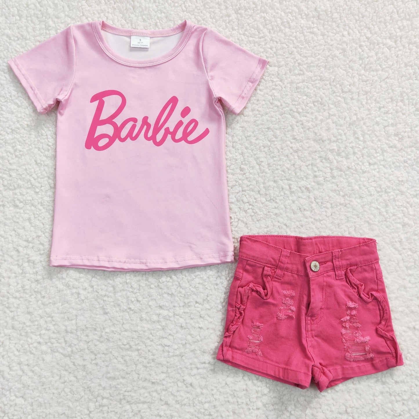 Baby Girl Short Sleeves Letter Pink Shirt Denim Shorts Outfit