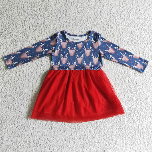 GLD0106 Reindeer Long Sleeves Baby Girl Tulle Christmas Dresses