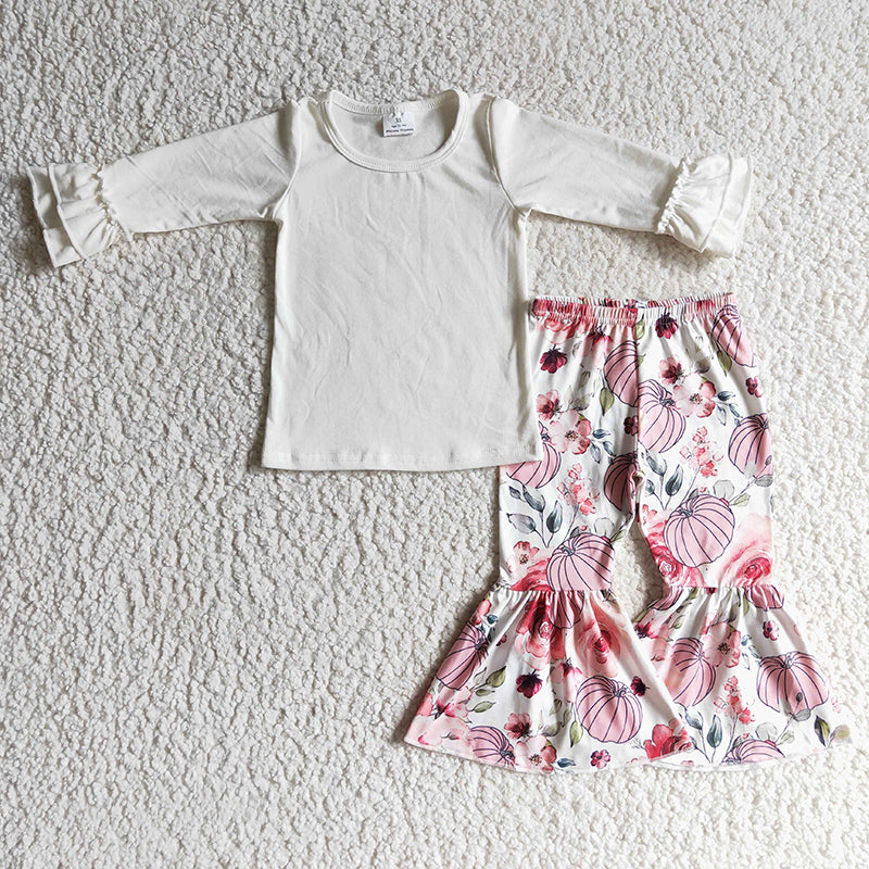 GLP0264 Baby Girl Cotton White Shirt Pumpkin Flower Pants Outfit