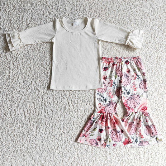 GLP0264 Baby Girl Cotton White Shirt Pumpkin Flower Pants Outfit