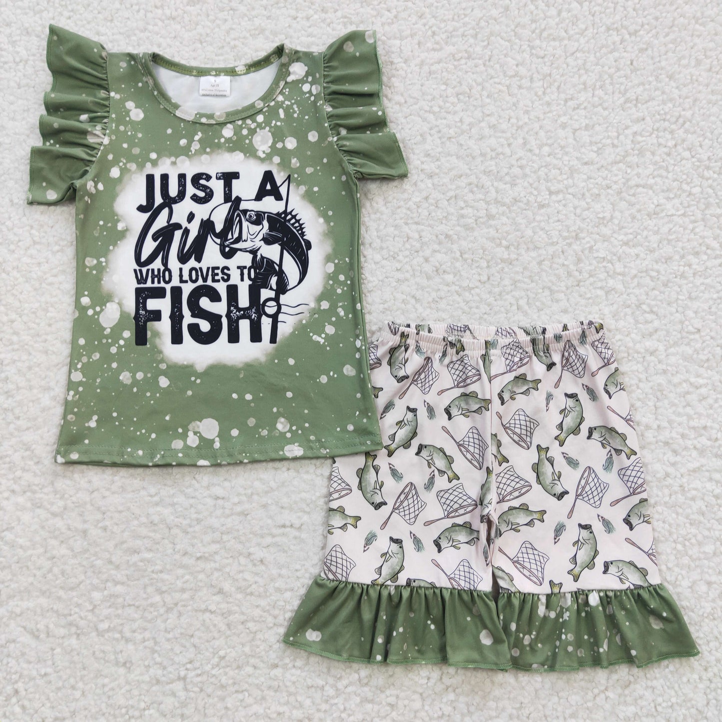 GSSO0295 Baby Girl Summer Green Short Sleeves Fishing Shirt Shorts Outfit