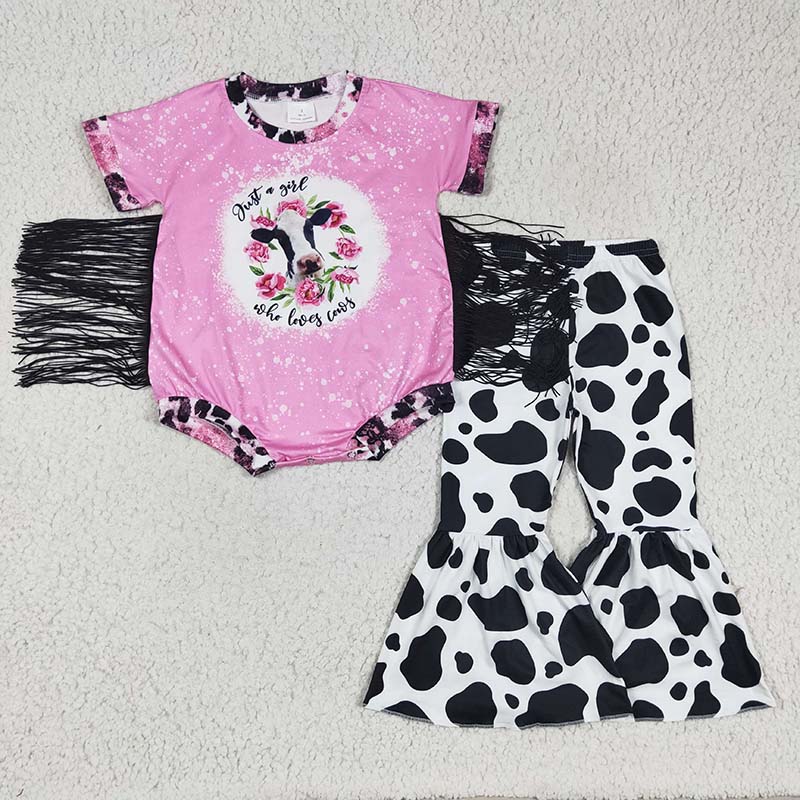Baby Girl Western Cow Tassel Romper Bell Pants Set