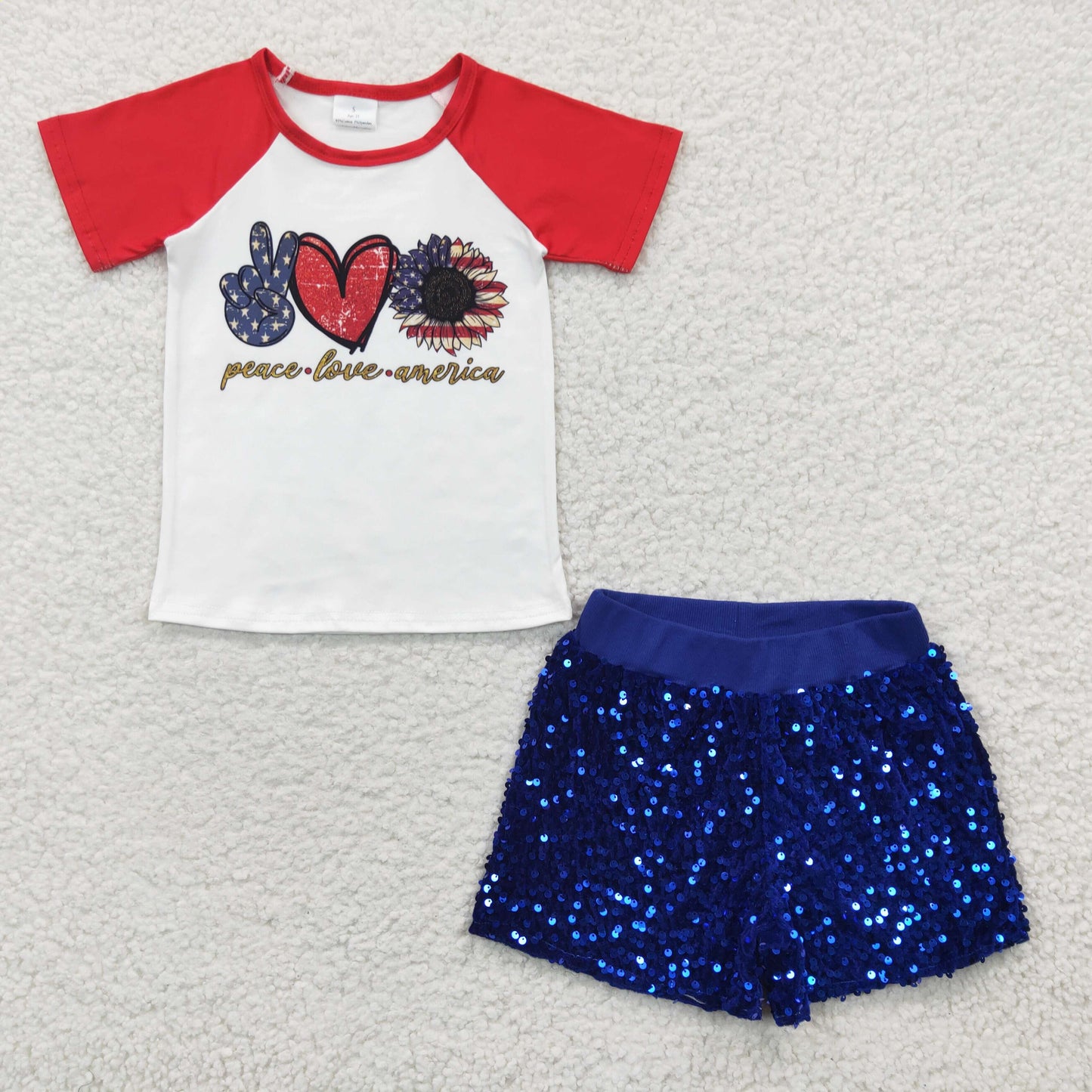 Baby Girl Kids July 4th Short Sleeves Sunflower Shirt Blue Glitter Sequins With Lining Shorts Outfit