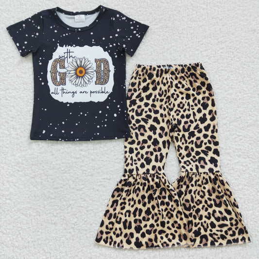GSPO0478 Baby Girl Black Short Sleeves Shirt Leopard Bell Pants Outfit Outfit
