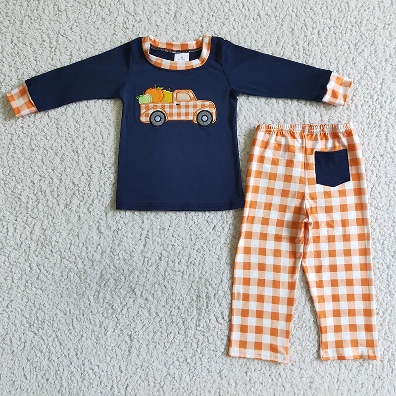 BLP0002 Boy Boy Thanksgiving Embroidery Pumpkin Plaid Pants Outfit