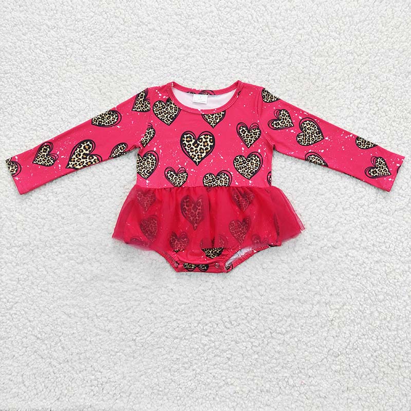 LR0253 Baby Kids Newborn Leopard Heart Valentine's Tulle Romper