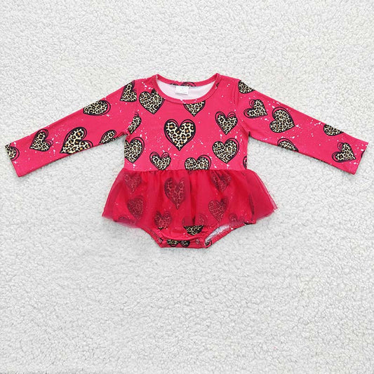 LR0253 Baby Kids Newborn Leopard Heart Valentine's Tulle Romper