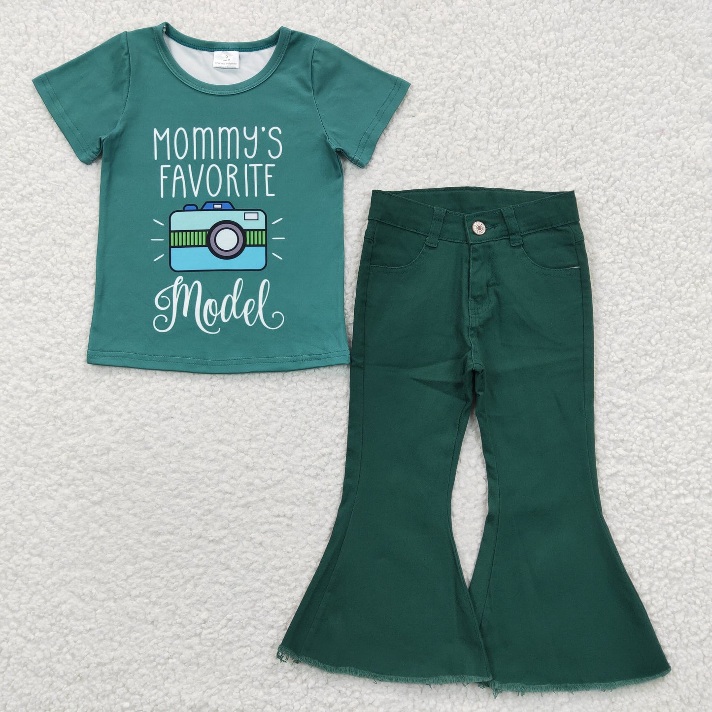 Baby Girl Short Sleeves Mommy's Favorite Model Shirt Green Denim Pants Jeans Outfit