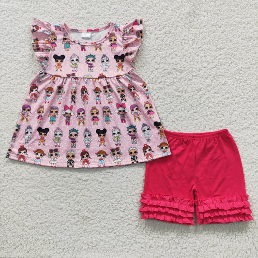 C5-14 Baby Girl Short Sleeves Tunic Cotton Ruffle Shorts Summer Outfit
