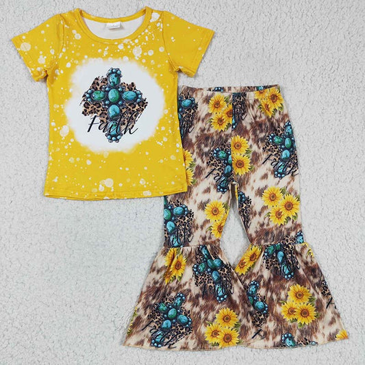 GSPO0269 Baby Girl Western Sunflower Bell Pants Faith Outfit